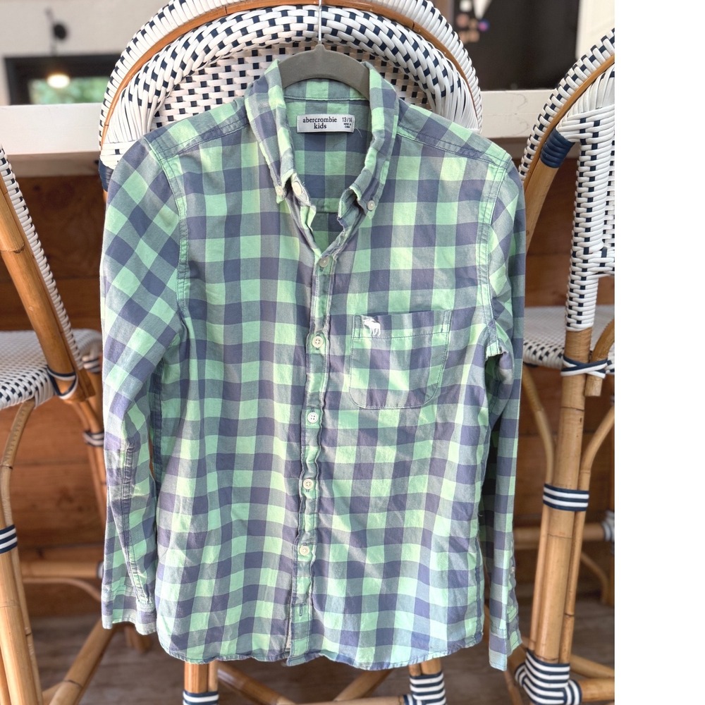 Abercrombie Kids Boys Green Navy Gingham Plaid Button Down Shirt Size 13/14